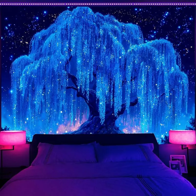 VIKAMA Azure Beaming Weeping Willow Star Dusted Night Black Light Tapestry UV Active Wall Blanket Room Styling Decor Soft Cozy