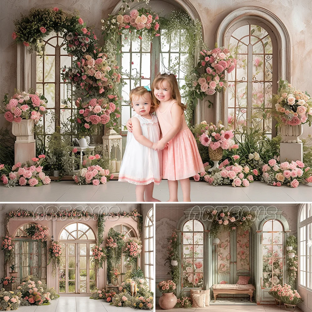 Wiosna fotografia tło rekwizyt pokój ślub różowy kwiatowy marzycielski pastelowy łukowe drzwi urodziny portret tło Photo Studio