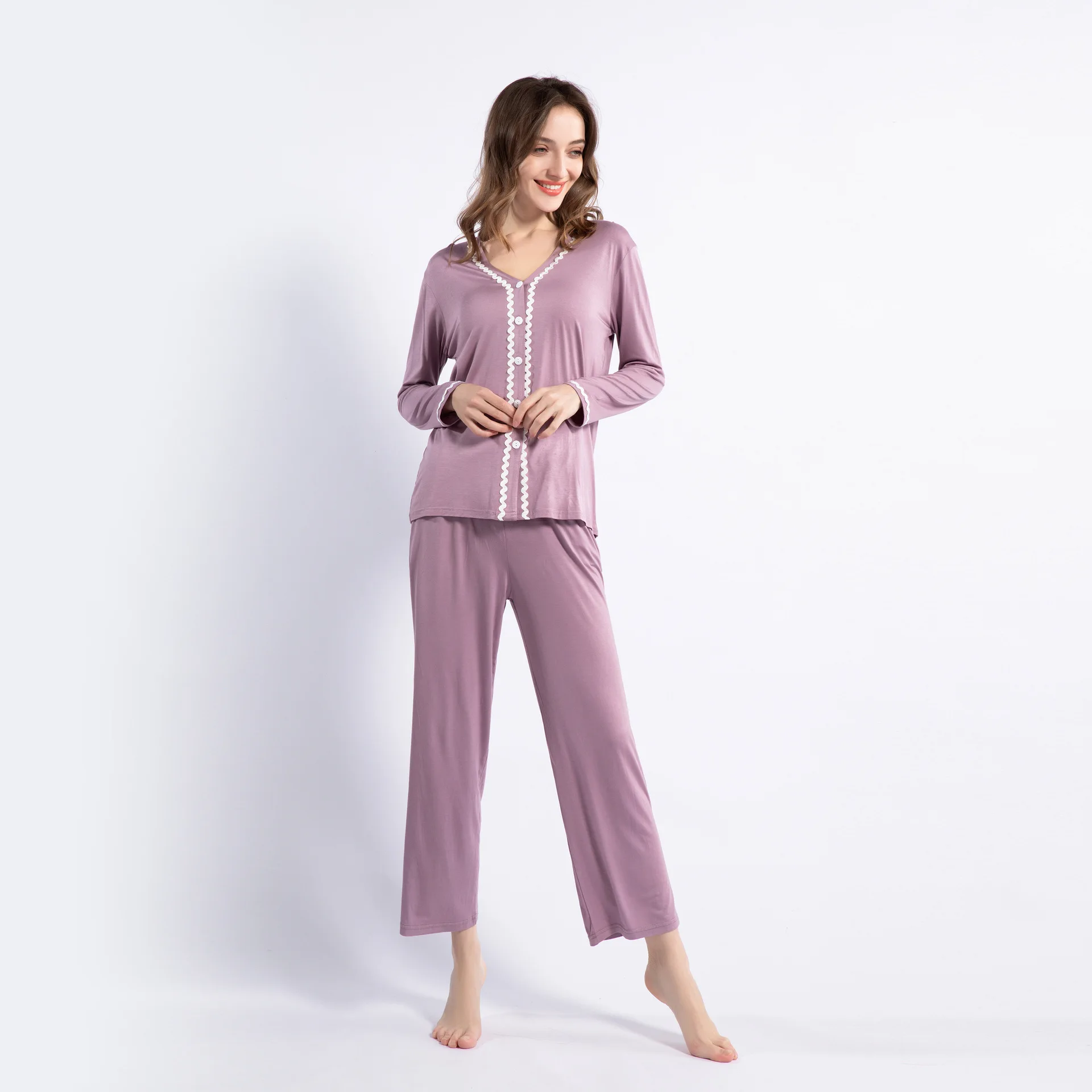 Lady Modal Cardigan Pajamas Set Long Sleeve 2Pcs Sleepwear Sexy Lace V-Neck Nightwear Casual Home Wear Intimate Lingerie