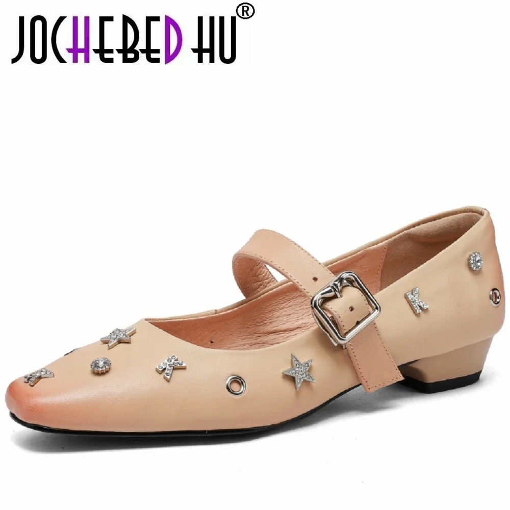 【JOCHEBED HU】Handmade Genuine Leather Women's Shoes with Rivet Square Head Chunky Heel Versatile Low Cut Single Shoes 34-43