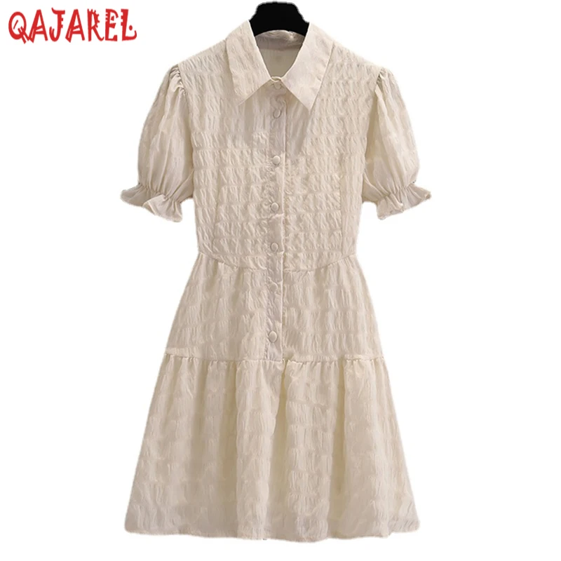 

White Chiffon Puff Sleeve Polo Collar Mini Dress Women Summer Fashion Light Beach Sundress 2024 New Korean Elegant Casual Dress