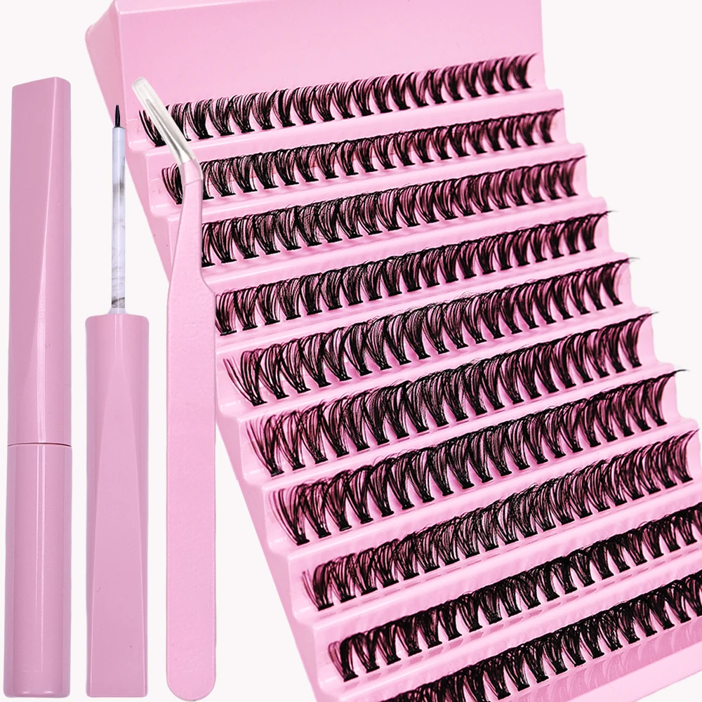 Eyelash Extension Kit 200 Clusters False Lashes DIY Lash Clusters Mix Length and Adhesive and Tweezers