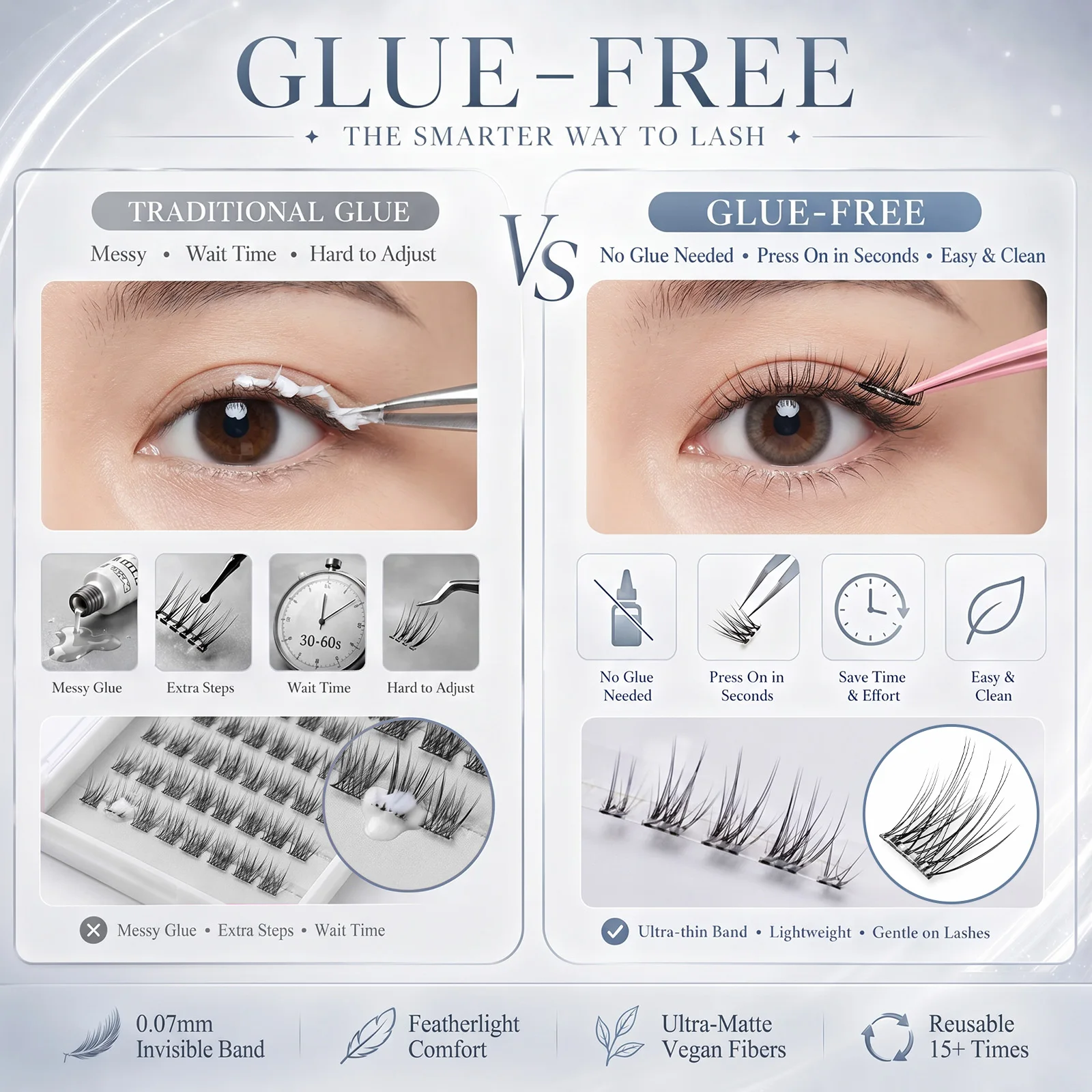 No Glue Press On Lash Clusters 120Pcs C Curl Mixed Length Soft  0.07mm Natural Wispy Self Adhesive Lashes Black Cotton Band