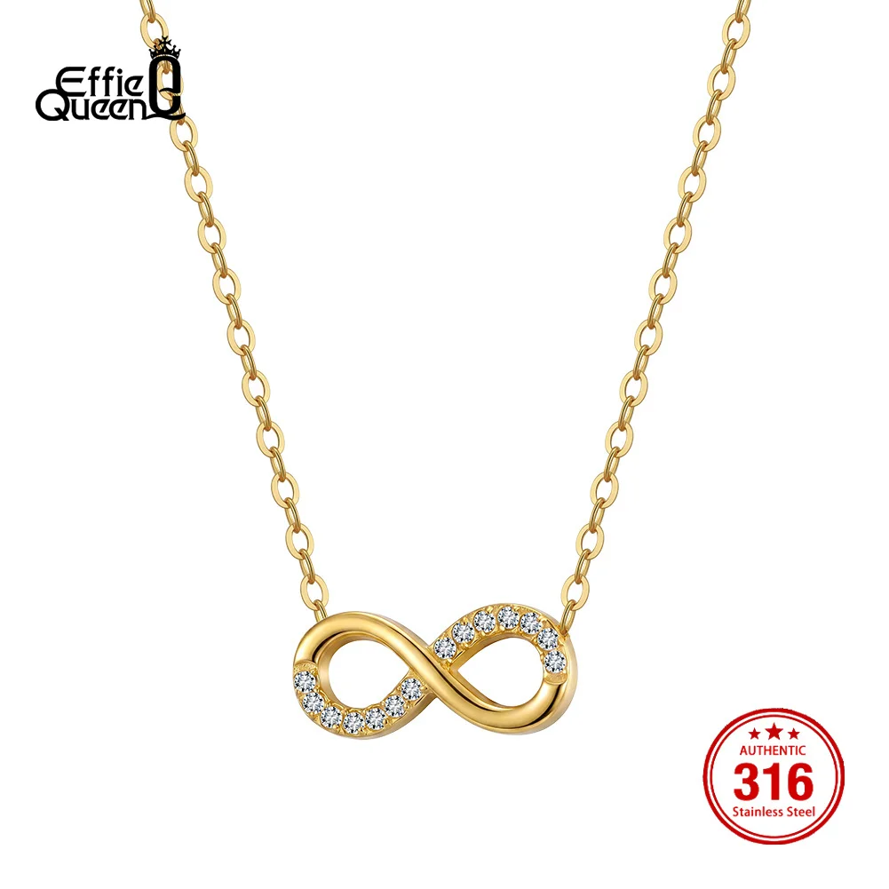 EFFIE QUEEN 18K Gold Plated Infinity Love Pendant Necklace Zircon for Women Stainless Steel Fashion Jewelry Accessories HTKN04