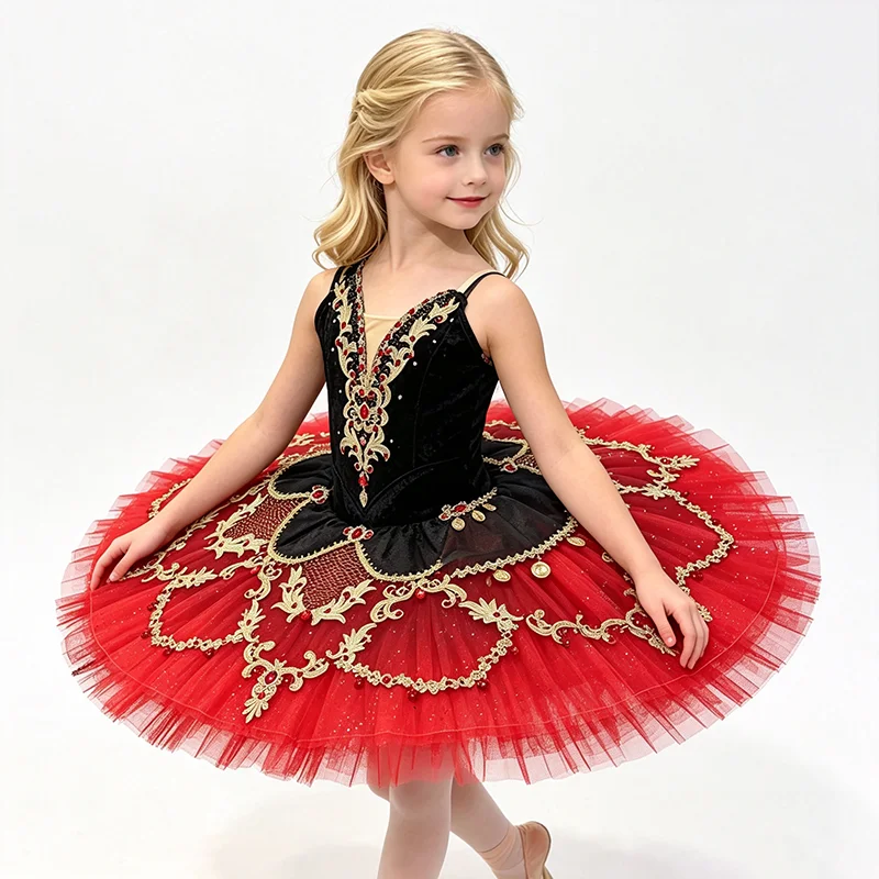 Women pointed V neck ballet tutu performance dress red gold rhinestone symmetrical vintage scroll embroidery red black contrast