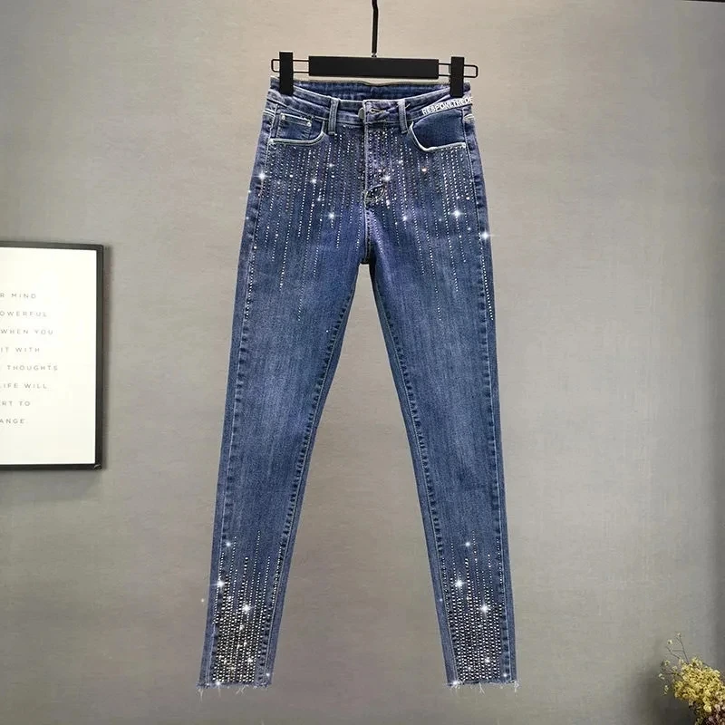 

2025 Spring Summer Ladies Heavy Industry Rhinestone Skinny Jeans High Waist Women Blue Denim Pants Korean Street Stretch Pants