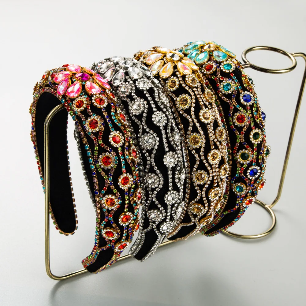 

Opulent Full Pave Colorful Rhinestone Padded Headband Luxury Crystal Embellished Hair Hoop Baroque Party Crown For Women
