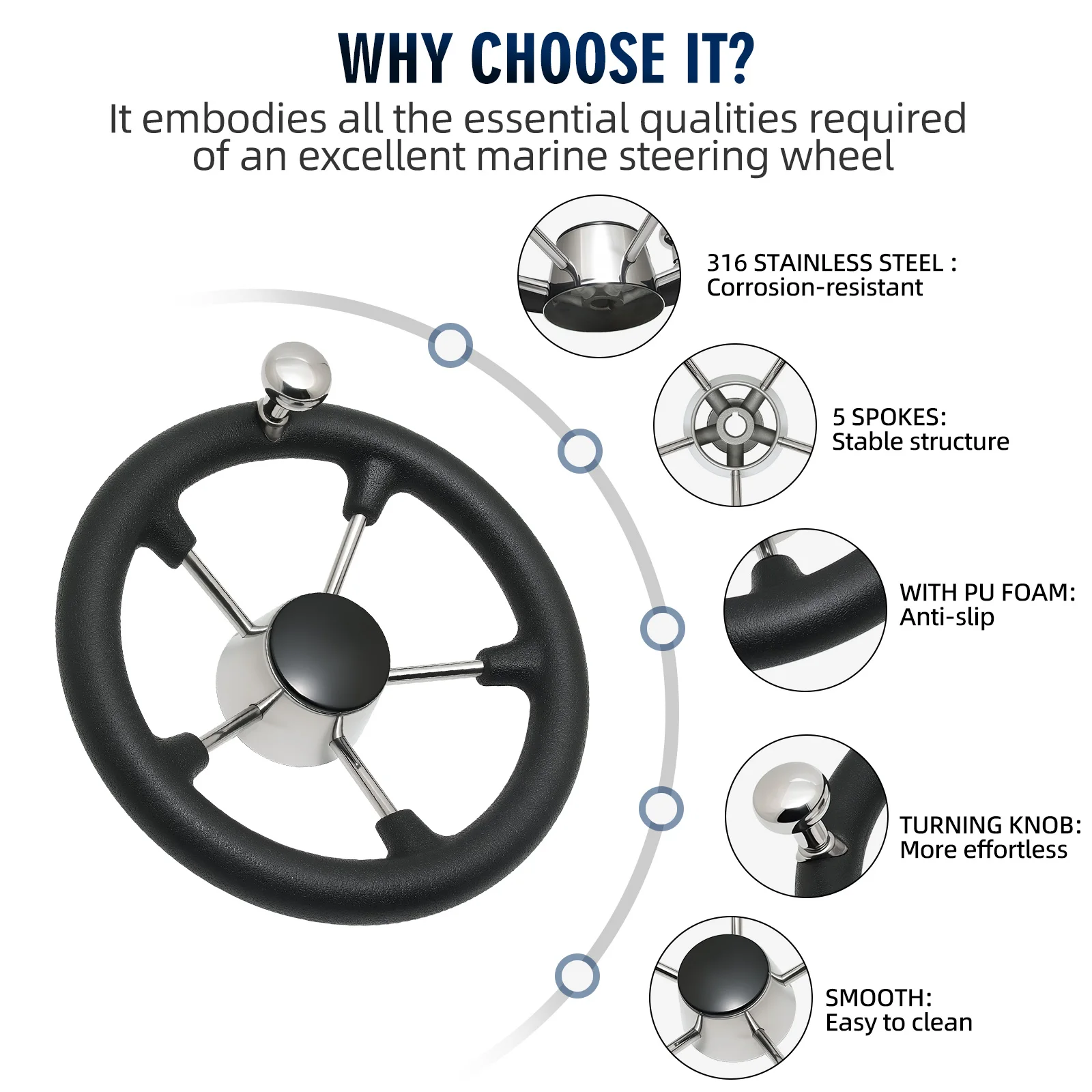 Boat Accessories Stainless Steel 5 Spoke Destroyer Steering Wheel with Black Foam Grip and Knob 11 INCH