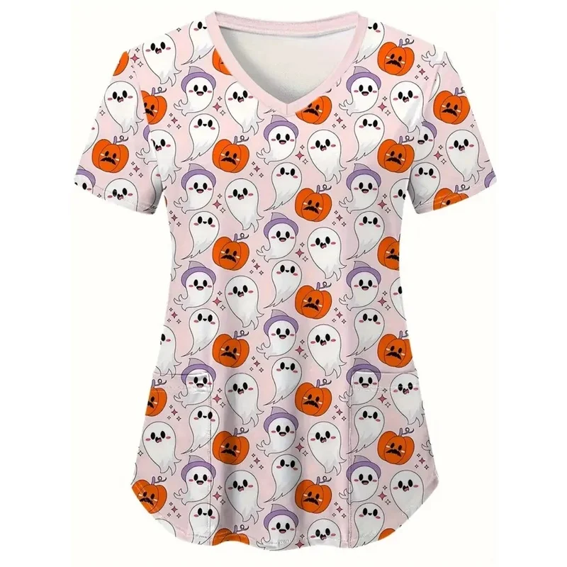Halloween ghost print exfoliating workwear for medical personnel summer short-sleevedVMedical uniform top with tie pocket