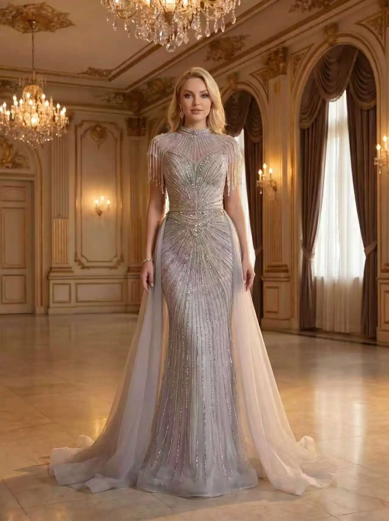 Luxurious & Exquisite Silver Strapless Mermaid Evening Gown — Women's Floor Length Chiffon Fishtail Dress Adorned with Delicate