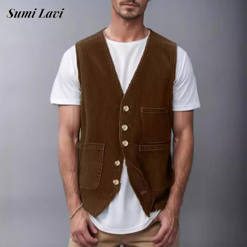 

Daily Casual Sleeveless Vest Jackets Mens Corduroy Solid Color V Neck Single-breasted Waistcoats Spring Fall Vintage Outerwear