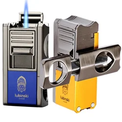 LUBINSKI Cigar 3-in-1 Metal Lighter High Firepower Direct Spray Windproof Butane Lighter V-shaped Cigar Cutting Knife Men's Gift