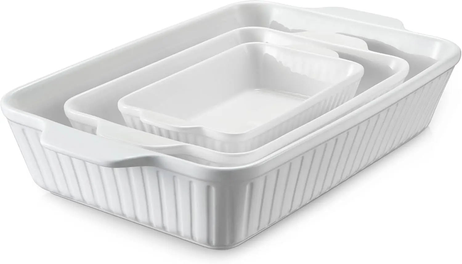 

Ceramic Baking Dish Set of 3, Rectangular Oven-Safe Bakeware with Handles for Lasagna and Casseroles, White (15.6"/12.2"/8.9")
