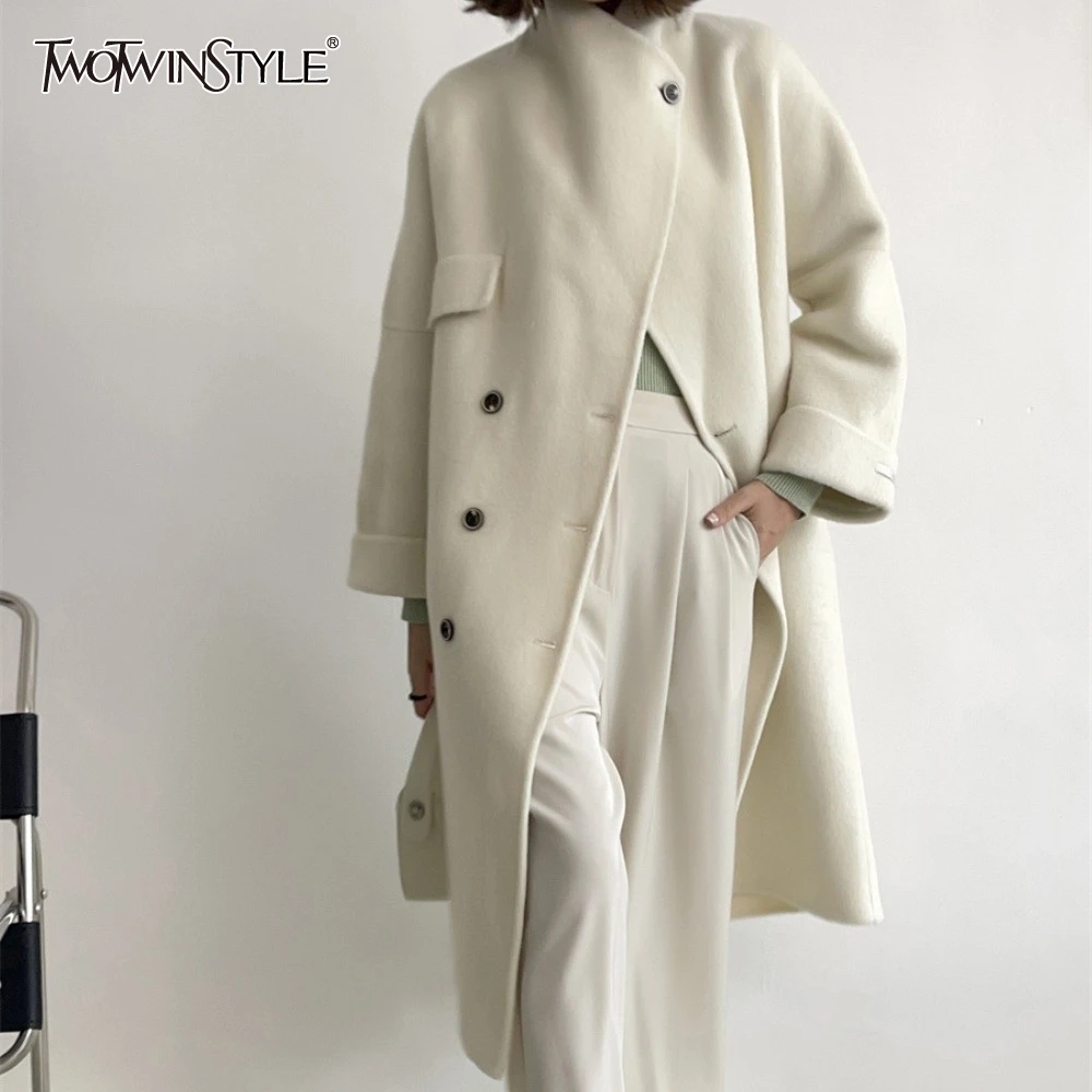 

TWOTWINSTYLE Solid Spliced Button Loose Wool Coats for Women Stand Neck Long Sleeve Temperament Casual Coat Female