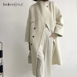 TWOTWINSTYLE Solid Spliced Button Loose Wool Coats for Women Stand Neck Long Sleeve Temperament Casual Coat Female