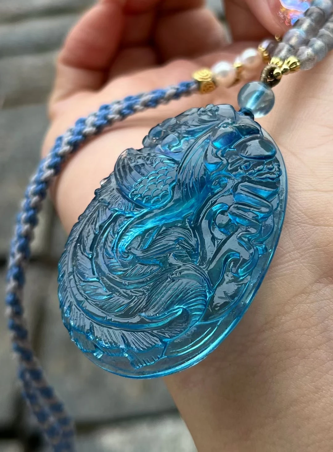 Natural Blue Aquamarine Quartz Pendant Phoenix Carved 50x35mm Jewelry Deep Blue Aquamarine Oval Necklace AAAAA