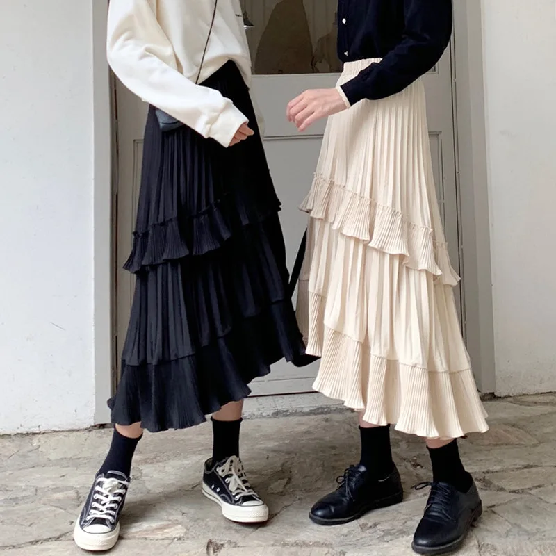 Long Skirts Womens Spring Summer Irregular Pleated Skirt Female Ruffle All-Match A-Line Skirt Faldas Jupe Femme