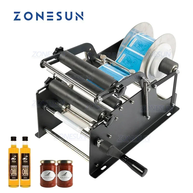 ZONESUN ZS-50P Manual Round Bottle Labeling Machine Desktop Hand Crank Label Applicator for Cosmetic Sauce Wine Jar Sticker