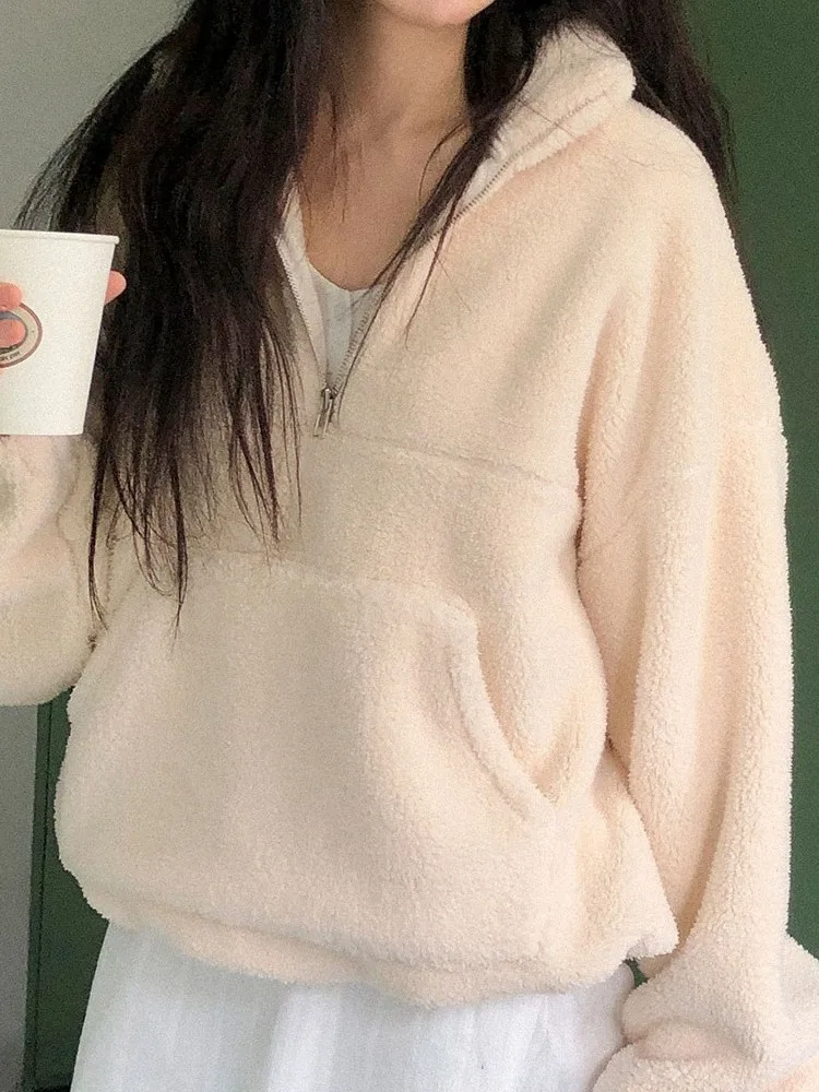 Felpa dolce calda con zip in pelliccia di agnello blu Jaet da donna Faion Lazy Sle Top marca cinese ex autunno stagionale