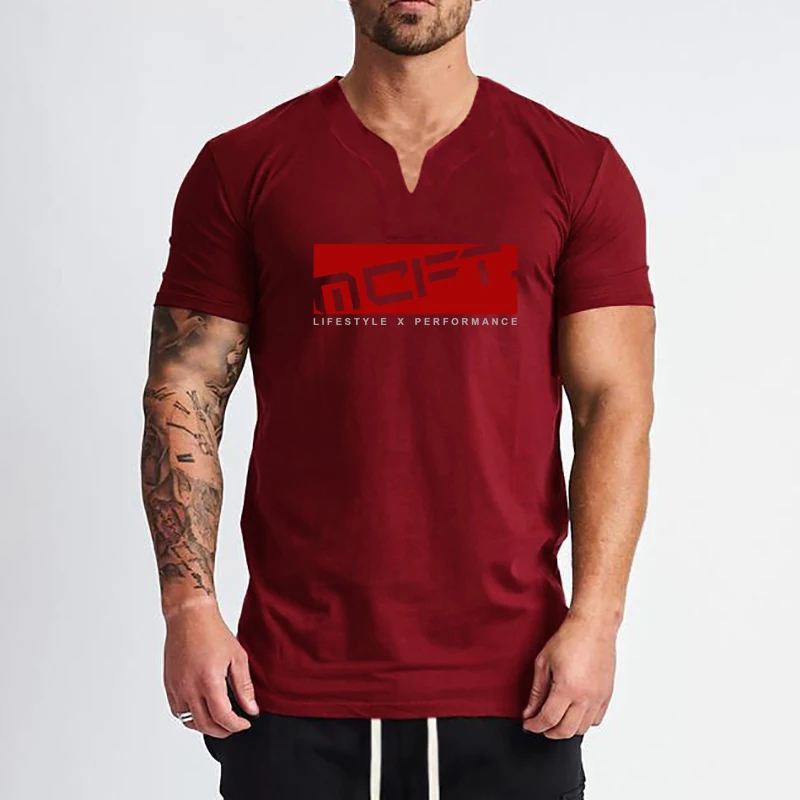 Brand Clothing Gym T-shirt Men Cotton Short Sleeve V neck T-shirt Summer Slim Fit T Shirt Fitness Bodybuilding Workout Tee Tops