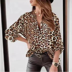 Women's Leopard Printed T-shirt Button V-neck Long Sleeved Top Daily Elegant Autumn Casual Blouse