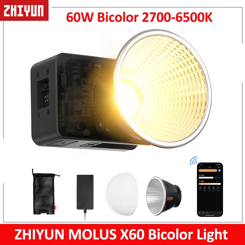 

ZHIYUN MOLUS X60 LED Video Light, Bi-Color 60W 2700-6500K ZY Mount Bowens Mount Adapter Ring App Bluetooth Studio Spotlight