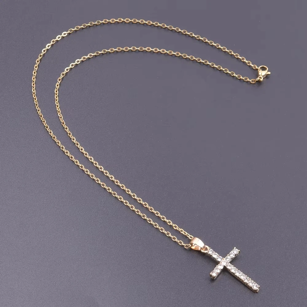 Simple Cross Pendant Necklace, Gold Silver Tone Zircon Inlaid Chain, Dainty Christian Jewelry for Women, Everyday Wear Religious