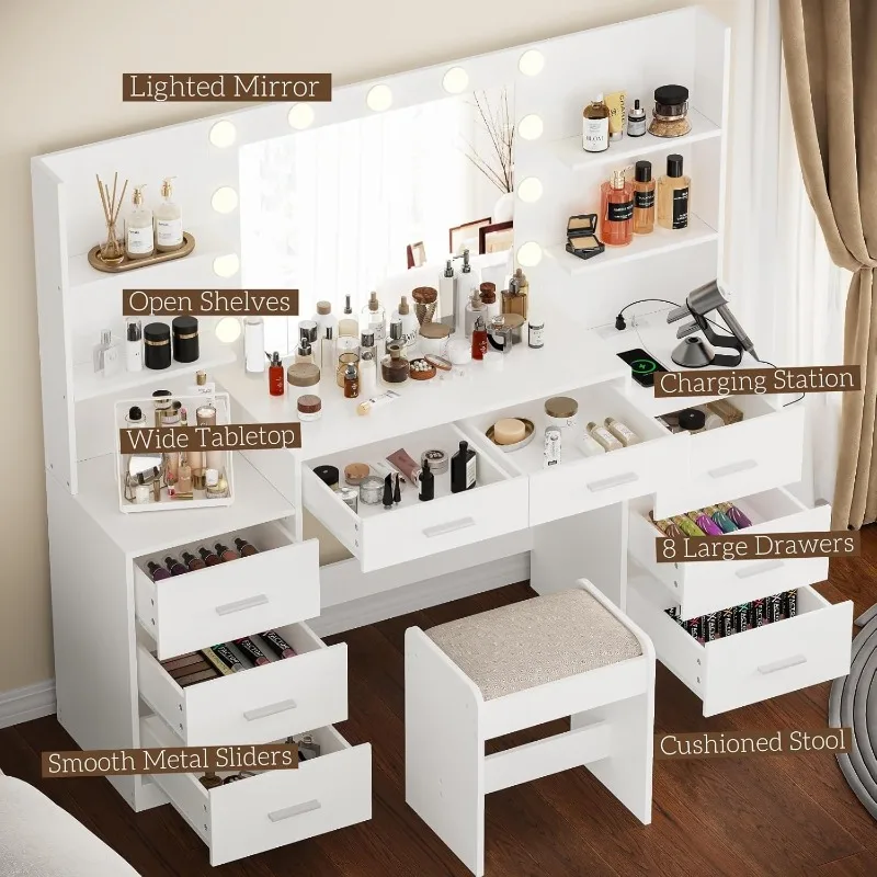 Vanity Desk with Lights & Power Strip, Makeup Vanity with Stool and Drawers & Open Storage Shelves, Vanity Table Set