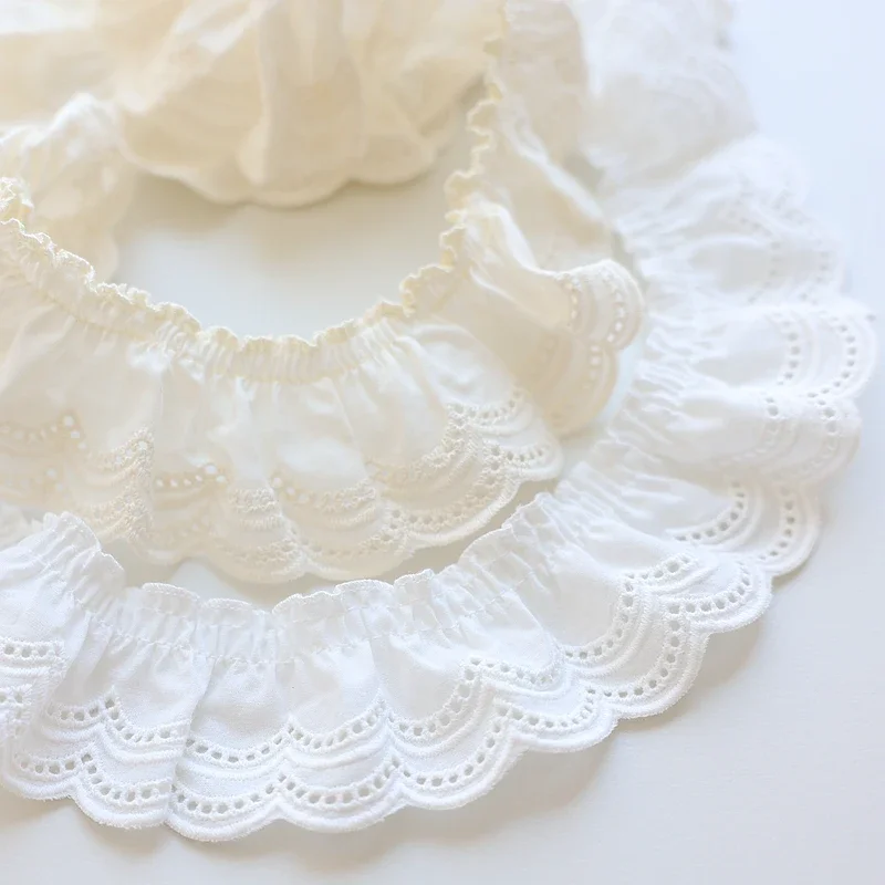 2Yards Cotton Pleated Fabric Embroidered Lace Guipure, Neckline Cuffs, Ruffle Trim, DIY Sewing Decor