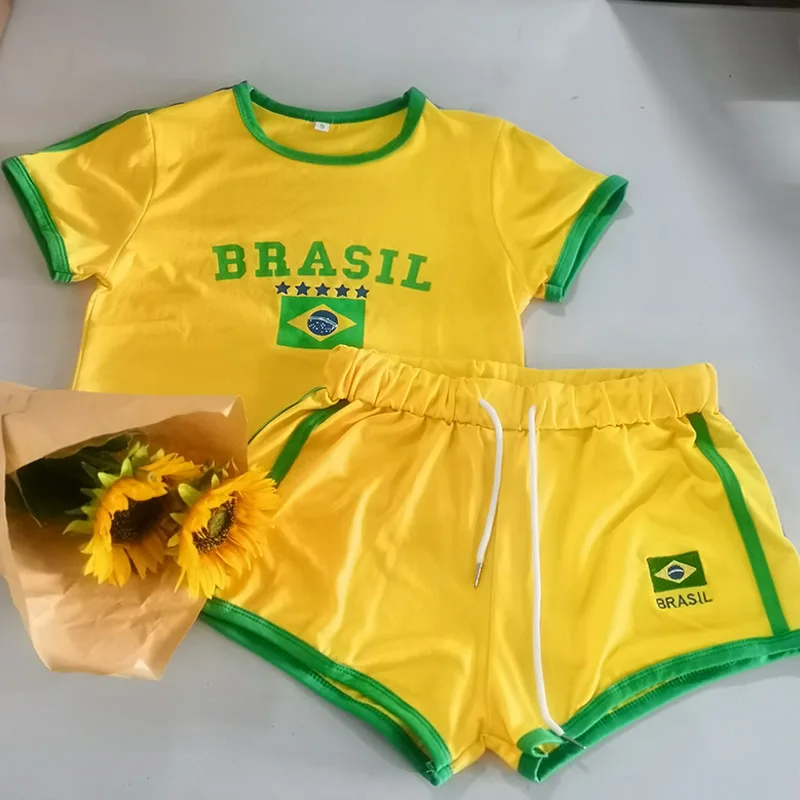 2023 Summer Women Clothing Short Sleeve T-Shirt+Drawstring Shorts 2Pcs Suit Brazil Letter Print Casual Tracksuit Fashion Outfits