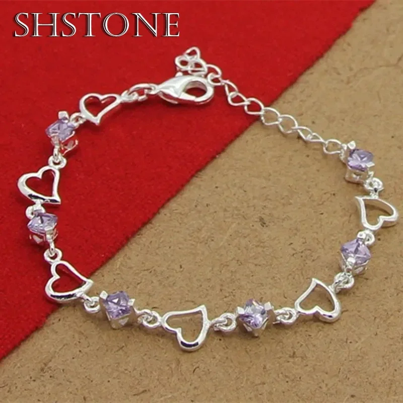 SHSTONE 925 Sterling Silver Bracelets Heart Purple Crystal Zircon Bracelet For Woman Party Wedding Fine Jewelry Birthday Gift