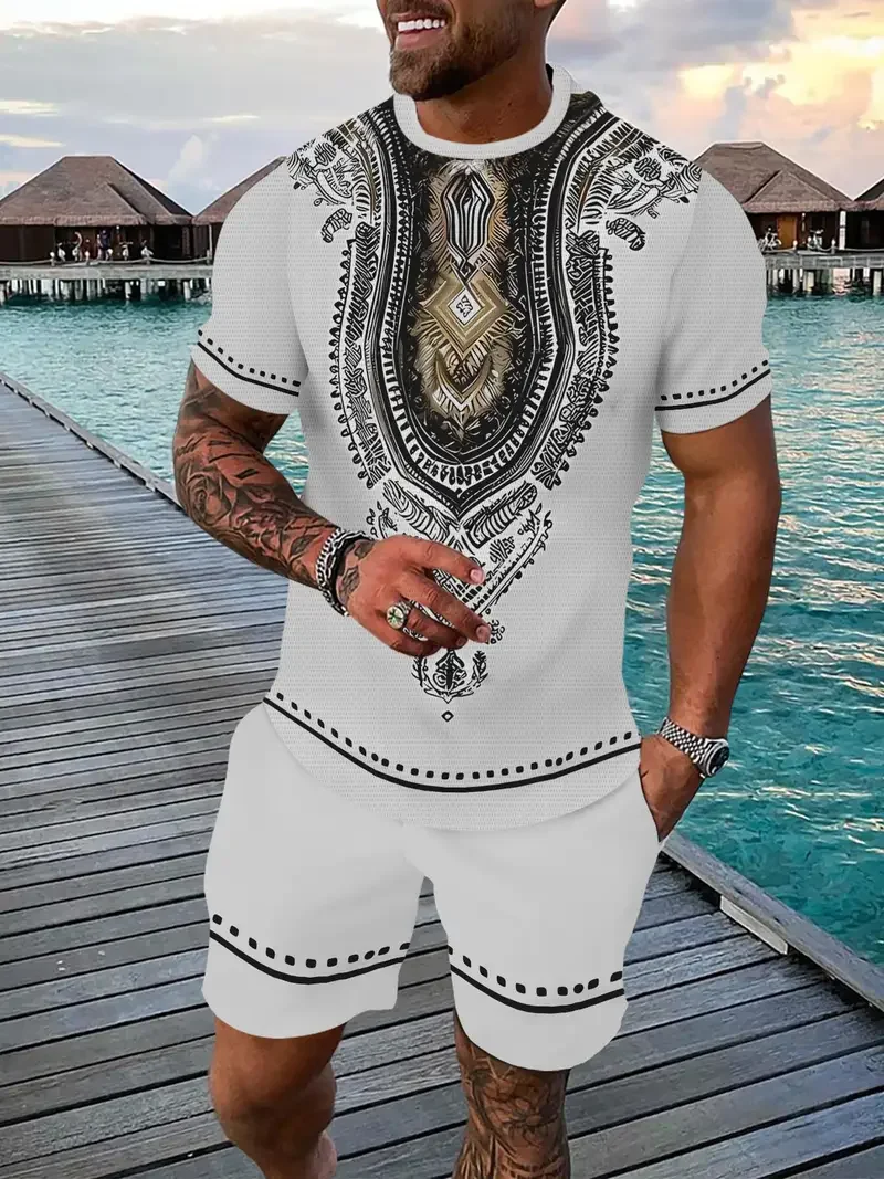 2025 Vintage Men's T-shirts Shorts Set 3D African Ethnic Style Print Casual Hawaiian Tees Suit Summer Men Women Tracksuit Outfit