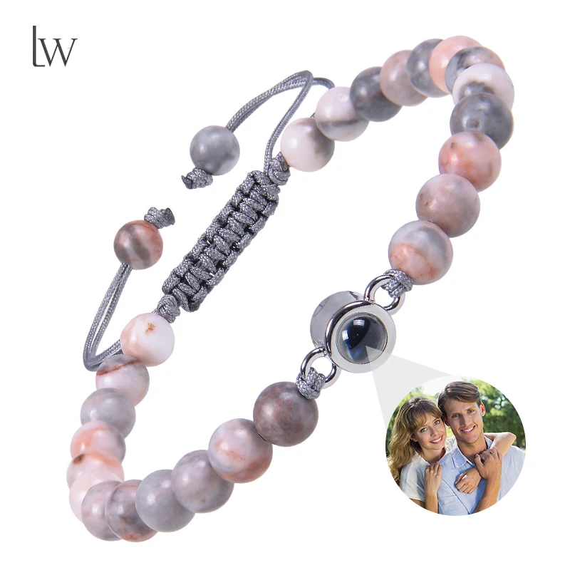 Natural Stone Beads Personalized Picture Bracelet Pink Zebra Stone Custom Photo Projection Bracelet Memorial Gifts for Women Men
