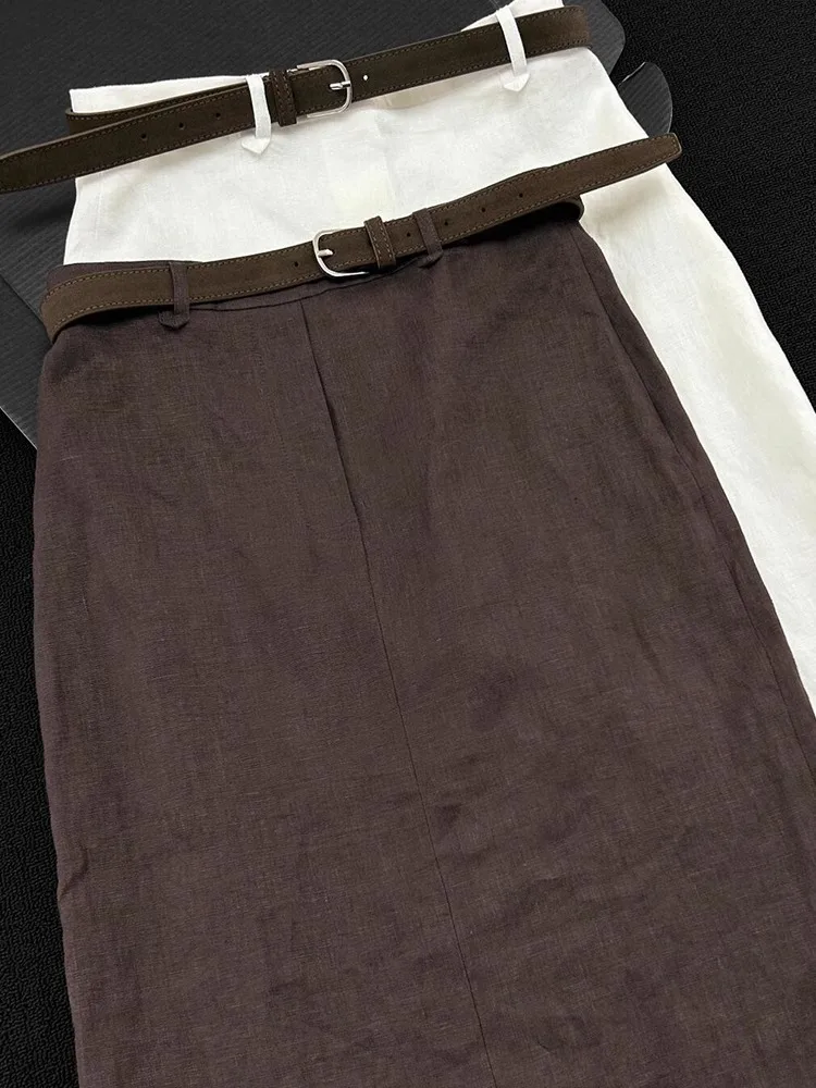 Sukienka lniana w kształcie litery A, spódnica damska, letni trend, wysoki stan, stylizacja do pracy, unikalny design, spódnice o długości do kolan.