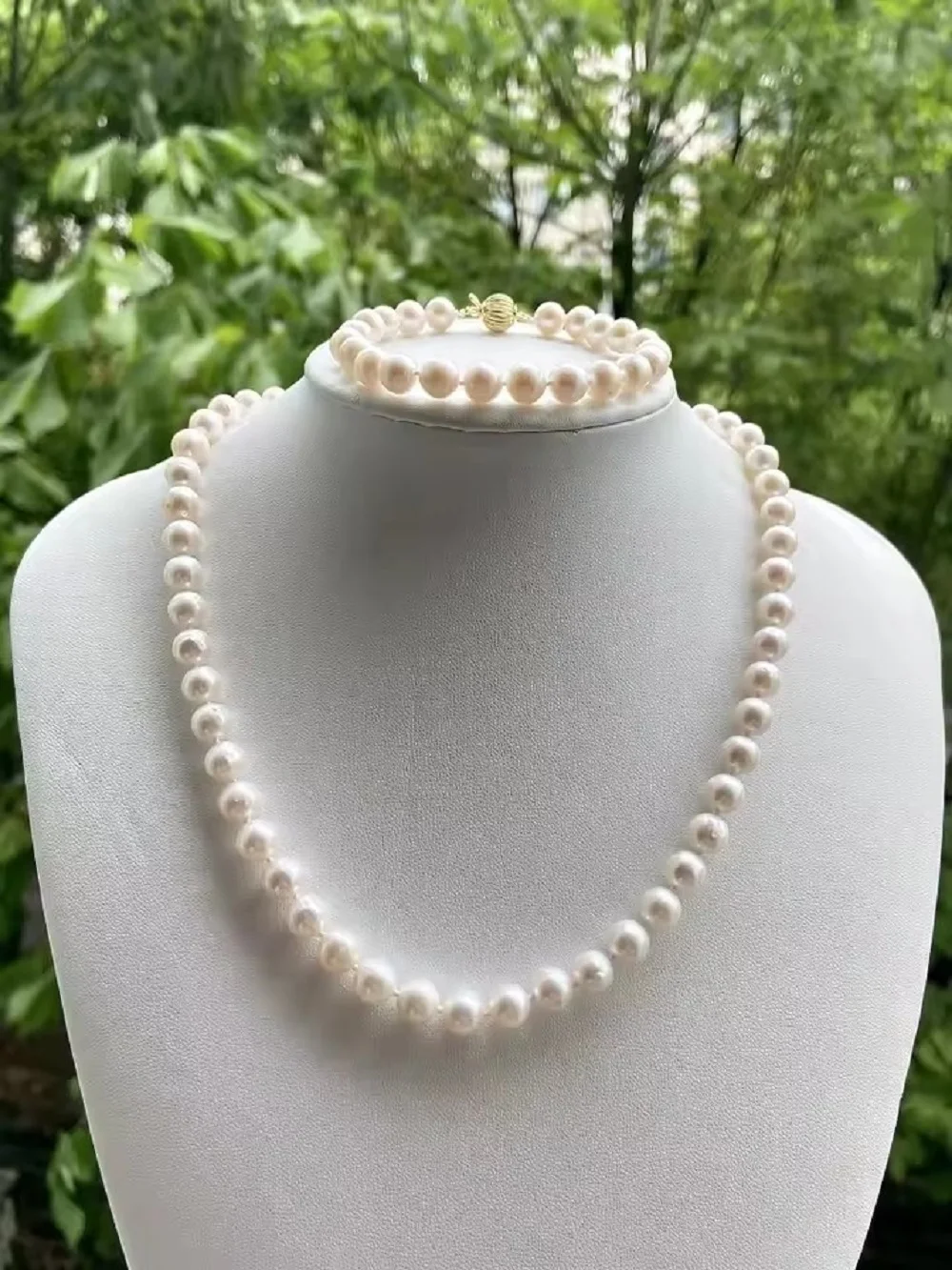 Elegant 18 inch AAAA 7-8mm natural Japanese round white pearl necklace+7.5-8 inch bracelet set in 14k gold