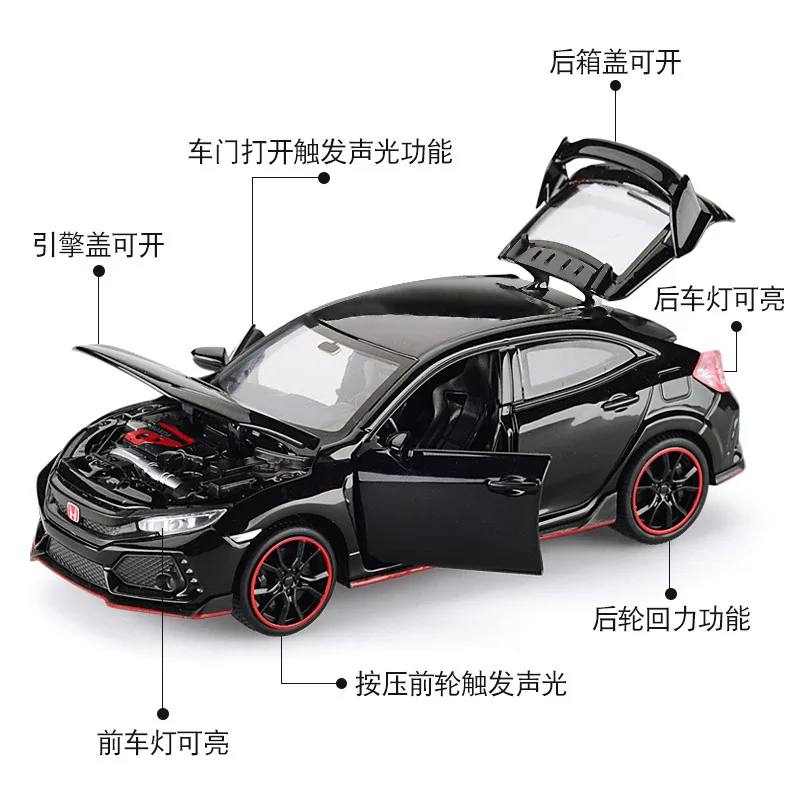 1:32 HONDA Limited Edition CIVIC TYPE-R Diecasts Toy Vehicles Metal Sound Light Car Model Collection Car Toys For Children Gift