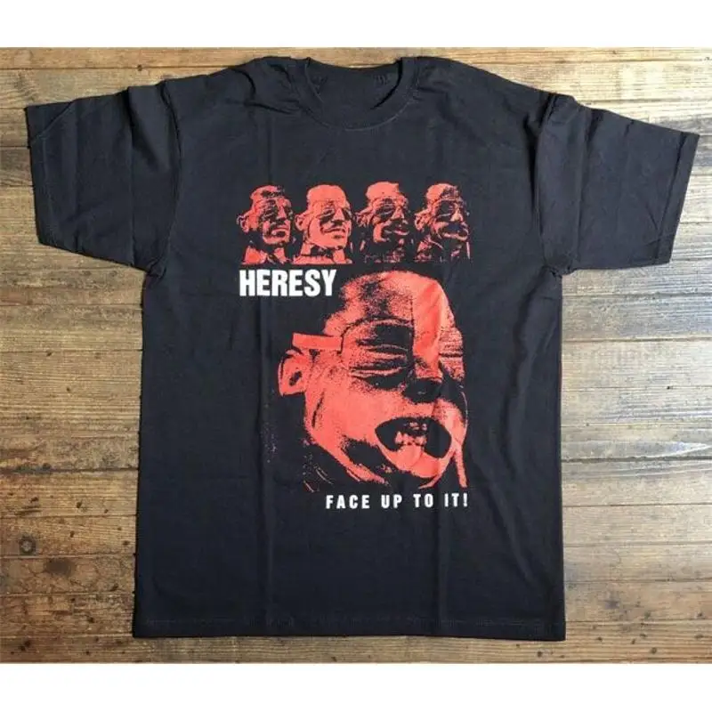 تي شيرت Vtg Heresy Band Face Up To It من القطن الثقيل باللون الأسود مقاس S 5Xl
