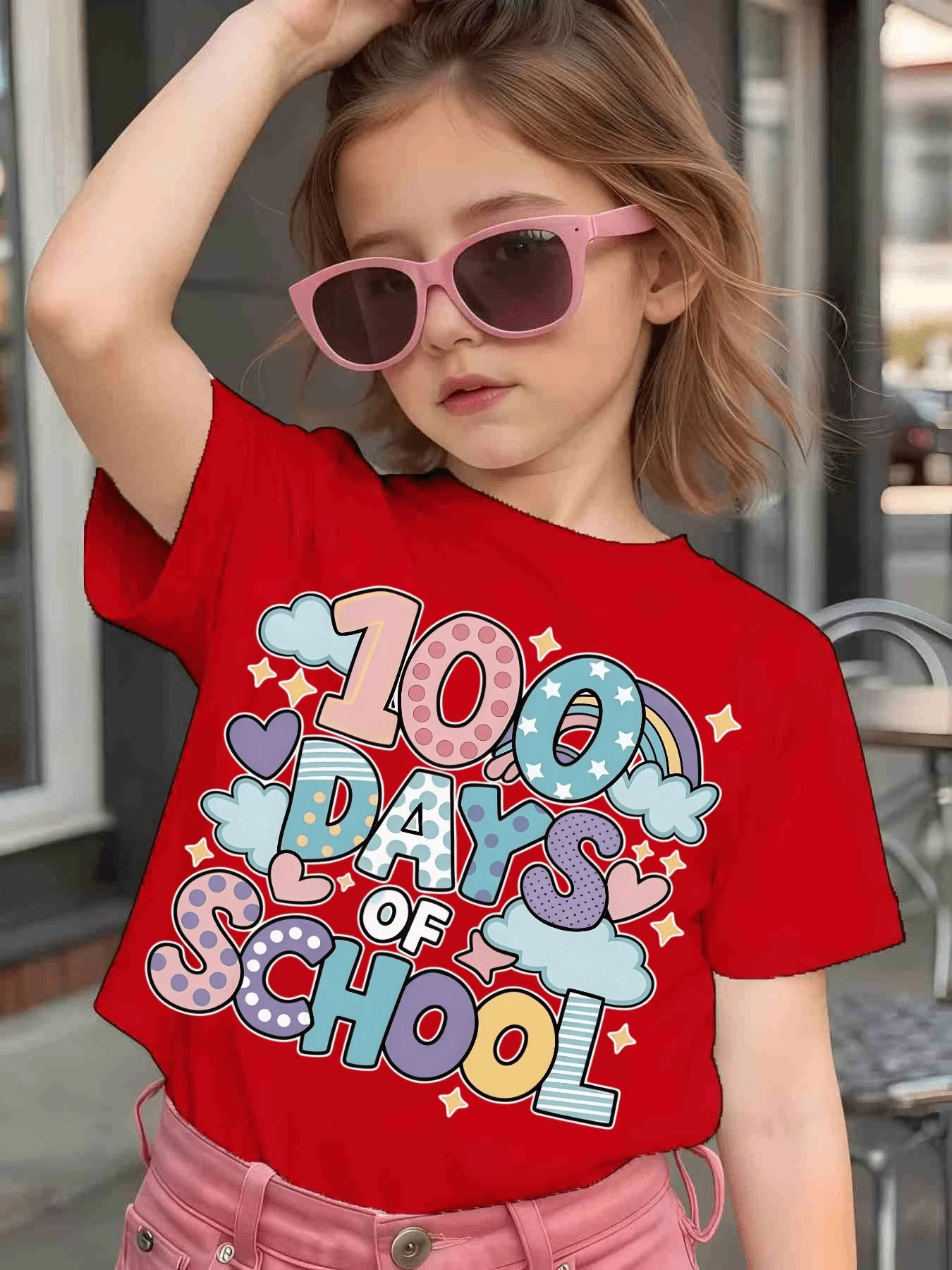 Child Parent Tee 100 Days Of School Rainbow Cloud Heart Star Print Boys Girls Soft Short Sleeve Back To School Daily Casual Tops