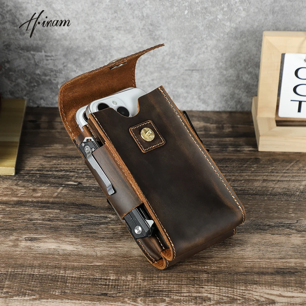 Men'S Accessories Vintage - กระเป๋าคาดเอวหนังแท้สำหรับผู้ชาย ใส่โทรศัพท์ อุปกรณ์ EDC สำหรับการใช้งานทางยุทธวิธี ตั้งแคมป์ในป่า