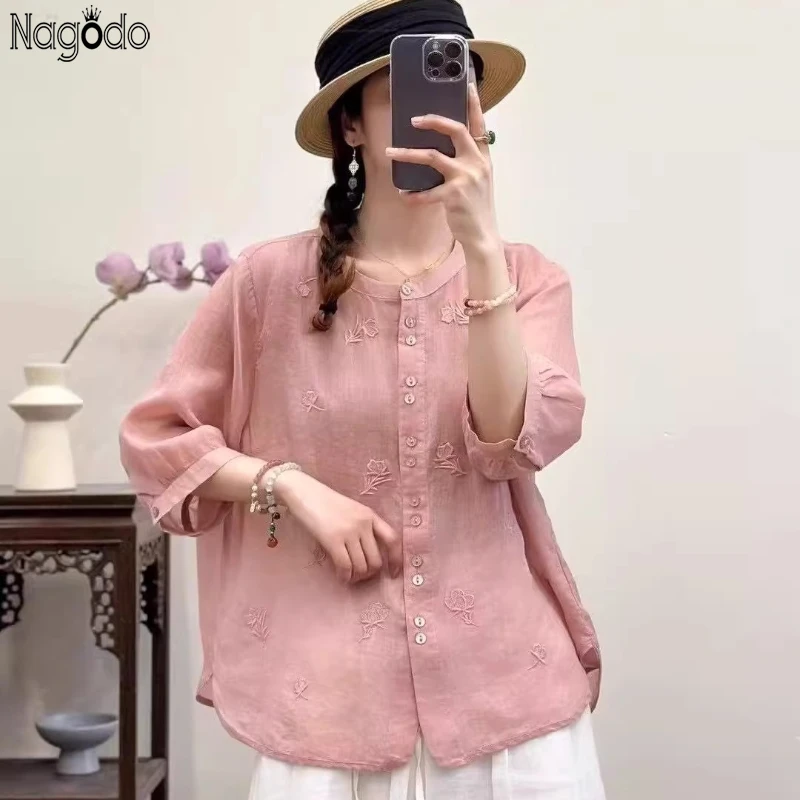 

Cotton and Linen Thin Women's Shirt 2025 Summer Embroidery Loose Tee Round Neck Blouse Half Sleeve Top Solid Tea Clothing