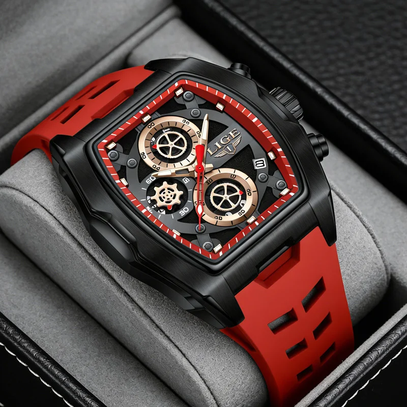 

LIGE хронограф кварцевые часы мужские Tonneau циферблат военные спортивные наручные часы мужские с силиконовым ремешком автоматические часы с датой для мужчин