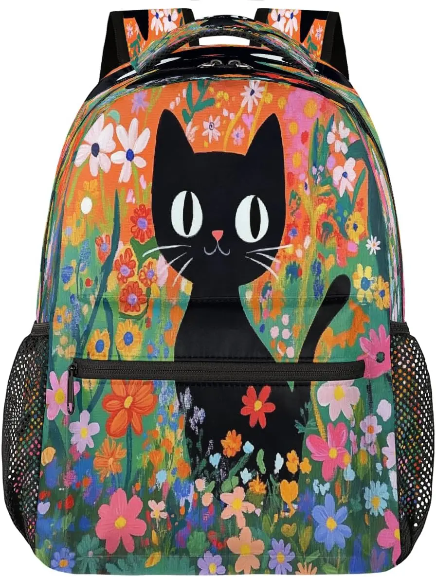 

Oli Painting Balck Cat Flowers Backpack Laptop Backpacks Casual College Travel Bag Hiking Daypack for Women Men