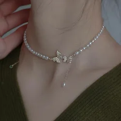 Butterfly Pearl Pendant Necklace Choker Gift for Women Shiny Pearl Pendant Jewelry Elegant Asymmetrical 2024 New Party Jewelry