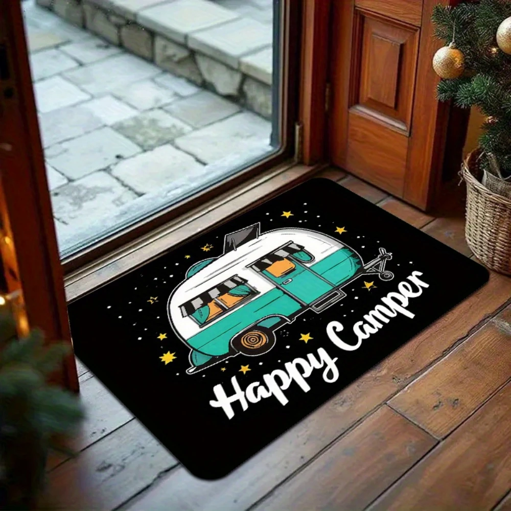 Black Base Camper Van Star Graphic Art Print Welcome Doormat Floor Rug Porch Patio Hall Living Entry Space Washable Entry Rug