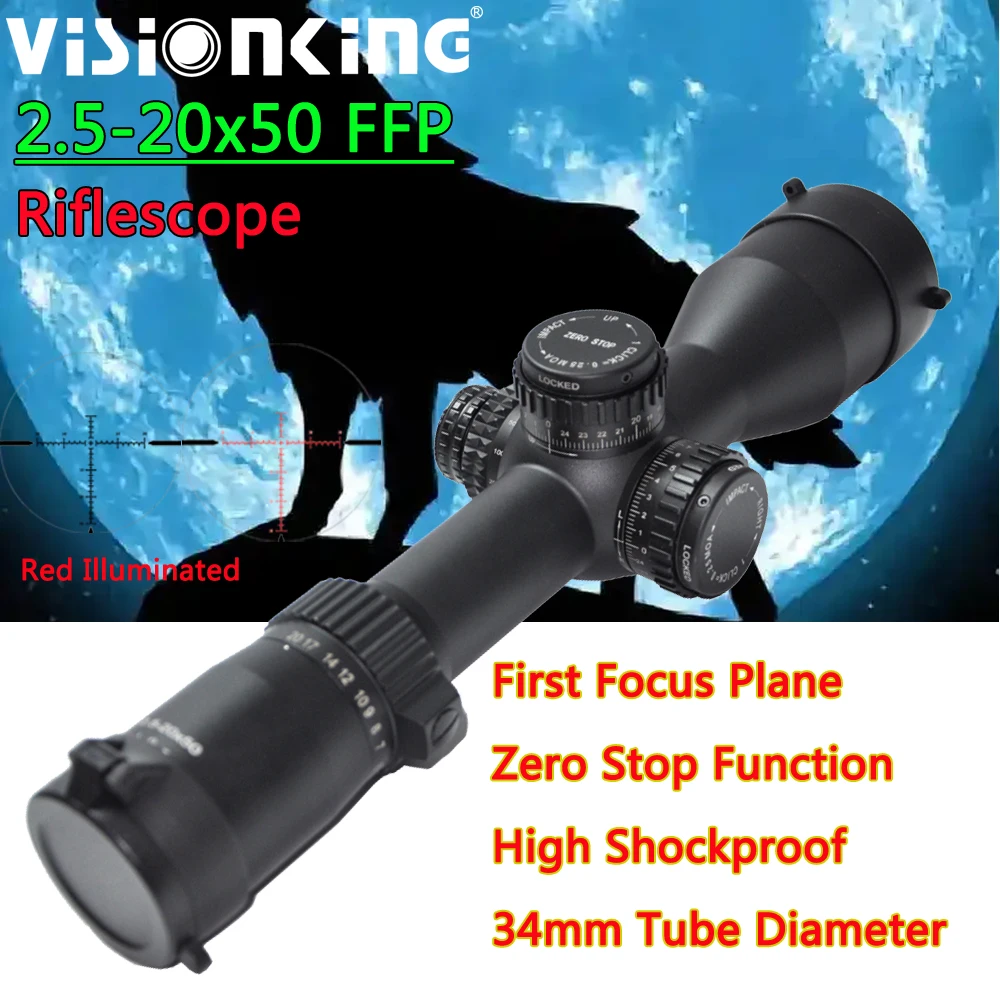 

Visionking Zero Stop 2.5-20x50 FFP Hunting Riflescope Large View 34mm Tube 1/4MOA Illuminated Long Range Optic Rifle Scopes .338
