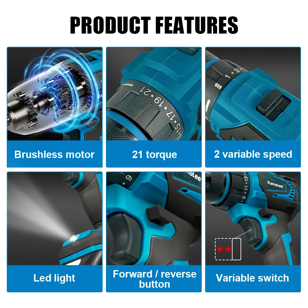 Kamolee 10MM Bürstenloser Elektrischer Schlagbohrer-Set, inklusive Zubehör, Akku-Schrauber, Lithium-Batterie-Handbohrer – Detail 5