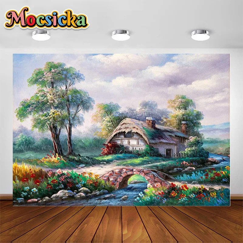 

Rural Nature Landscape Oil Painting Photography Backdrop Small Bridge Streaming Water Flowers Trees Backgrounds Portrait Photo