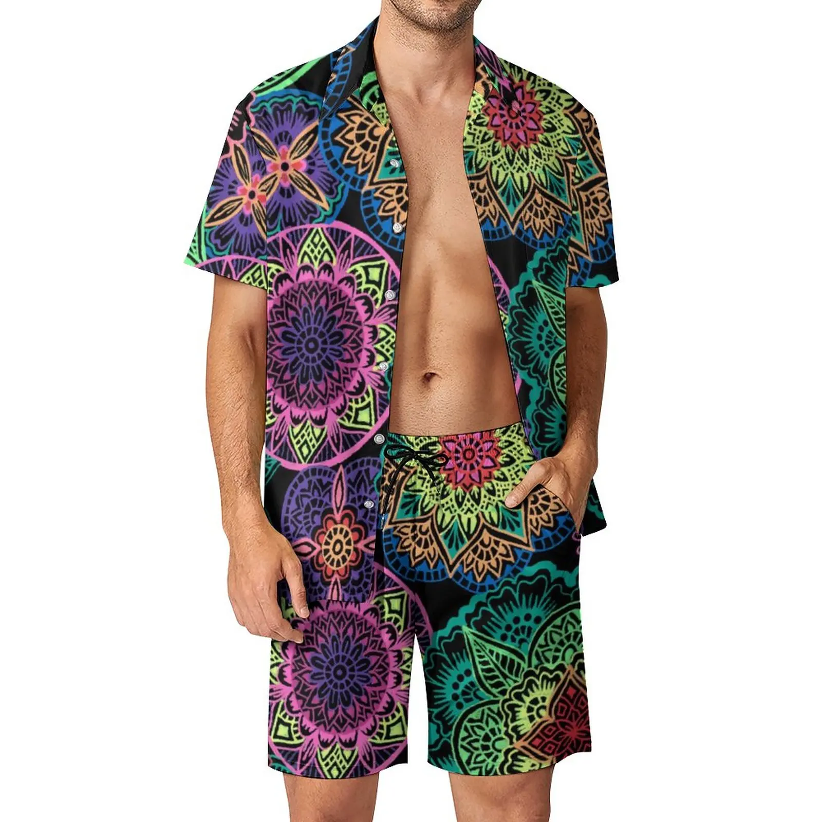 

Rainbow Mandala Printed Men's Suit Colorful Floral Casual Shirt Suit Vintage Beach Shorts Summer Hawaiian Suit Two Piece Set