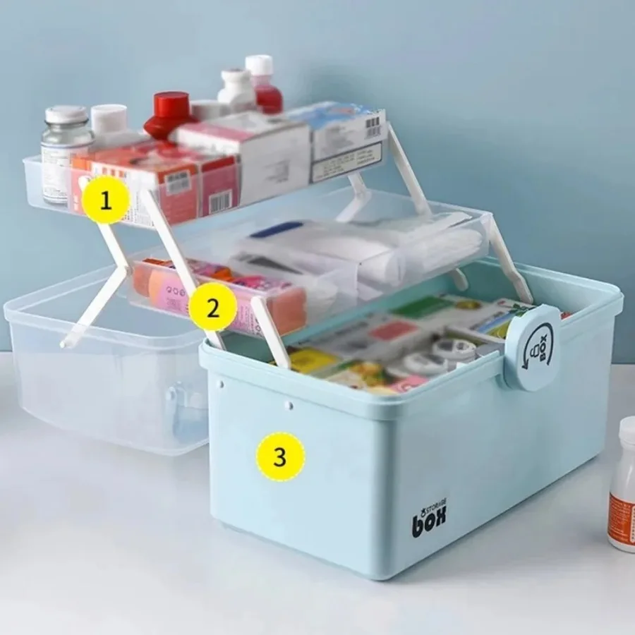 3 Layers Folding Storage Box Large Capacity Lockable Sundries Organizer Case First Aid Kit Medicine Storage Bin Home Container