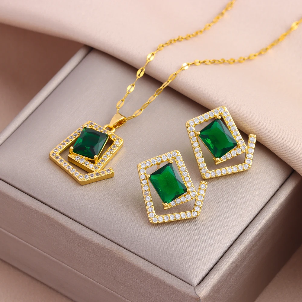 New Sparkly Geometry Zircon Pendant Necklaces Earrings For Women Female Daily Wear Stainless Steel Jewelry Set Girls Party Gift